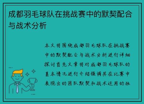 成都羽毛球队在挑战赛中的默契配合与战术分析